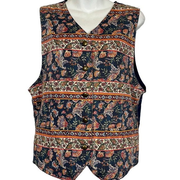 Liz Wear Claiborne Vintage Floral Paisley Blue Vest 100% Cotton Button Down sz L - Picture 1 of 16